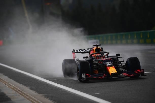 Max Verstappen of the Netherlands driving the Red Bull Racing RB16B Honda during qualifying ahead of the F1 Grand Prix of Belgium at Circuit de...