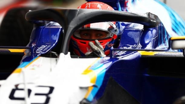 Second place qualifier George Russell of Great Britain and Williams stops in parc ferme during qualifying ahead of the F1 Grand Prix of Belgium at...