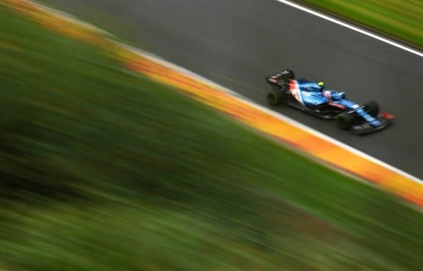 Esteban Ocon of France driving the Alpine A521 Renault during qualifying ahead of the F1 Grand Prix of Belgium at Circuit de Spa-Francorchamps on...