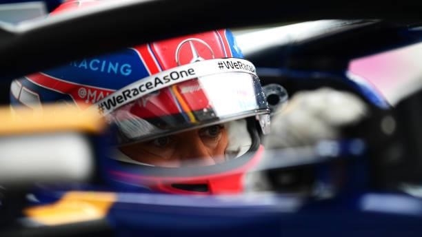 Second place qualifier George Russell of Great Britain and Williams stops in parc ferme during qualifying ahead of the F1 Grand Prix of Belgium at...