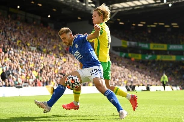 Kiernan Dewsbury-Hall of Leicester City battles for possession with Todd Cantwell of Norwich City during the Premier League match between Norwich...