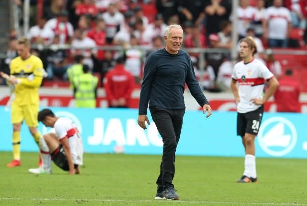 Christian Streich, Head Coach of Sport-Club Freiburg reacts following the Bundesliga match between VfB Stuttgart and Sport-Club Freiburg at...