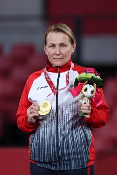 Gold medalist Elena Prokofeva of Team RPC reacts during the medal ceremony after the Table Tennis Women's Singles Class 11 Gold Medal Match against...