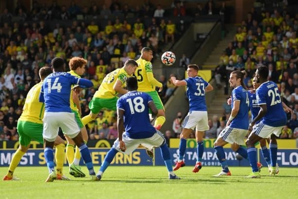 Kenny McLean of Norwich City scores a disallowed goal during the Premier League match between Norwich City and Leicester City at Carrow Road on...