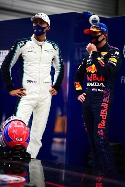 Pole position qualifier Max Verstappen of Netherlands and Red Bull Racing and second place qualifier George Russell of Great Britain and Williams...