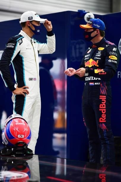 Pole position qualifier Max Verstappen of Netherlands and Red Bull Racing and second place qualifier George Russell of Great Britain and Williams...