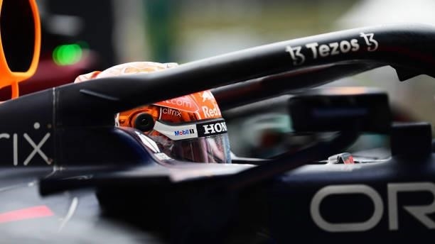 Pole position qualifier Max Verstappen of Netherlands and Red Bull Racing stops in parc ferme during qualifying ahead of the F1 Grand Prix of Belgium...