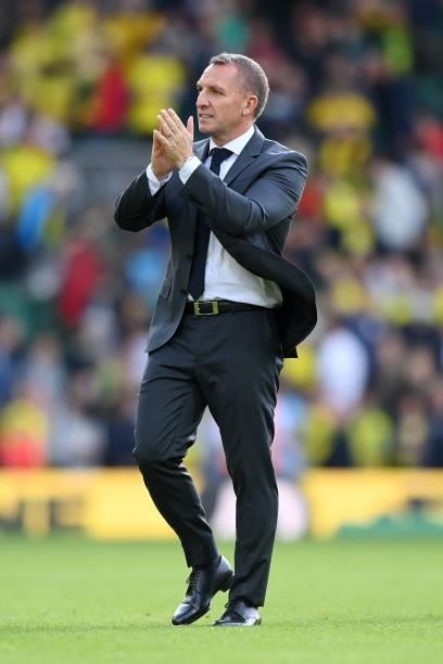 Brendan Rogers, Manager of Leicester City interacts with the crowd following the Premier League match between Norwich City and Leicester City at...