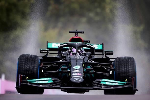 Lewis Hamilton of Great Britain driving the Mercedes AMG Petronas F1 Team Mercedes W12 in the Pitlane during qualifying ahead of the F1 Grand Prix of...