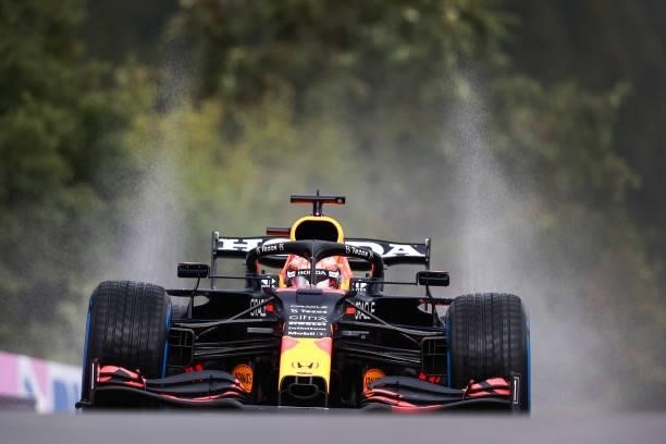 Max Verstappen of the Netherlands driving the Red Bull Racing RB16B Honda in the Pitlane during qualifying ahead of the F1 Grand Prix of Belgium at...