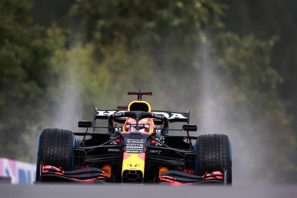 Max Verstappen of the Netherlands driving the Red Bull Racing RB16B Honda in the Pitlane during qualifying ahead of the F1 Grand Prix of Belgium at...