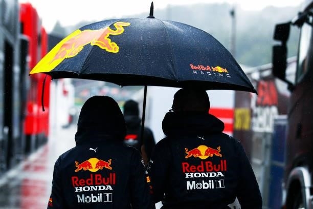 Red Bull Racing team members walk in the Paddock during qualifying ahead of the F1 Grand Prix of Belgium at Circuit de Spa-Francorchamps on August...
