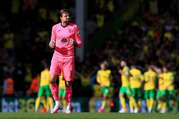 Tim Krul of Norwich City celebrates their sides second goal, scored by team mate Kenny McLean which is later disallowed during the Premier League...