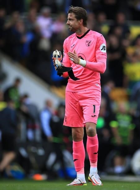 Tim Krul of Norwich City reacts following the Premier League match between Norwich City and Leicester City at Carrow Road on August 28, 2021 in...