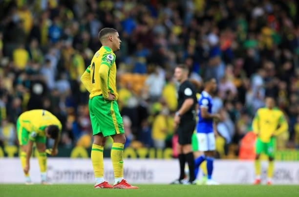 Max Aarons of Norwich City reacts following the Premier League match between Norwich City and Leicester City at Carrow Road on August 28, 2021 in...