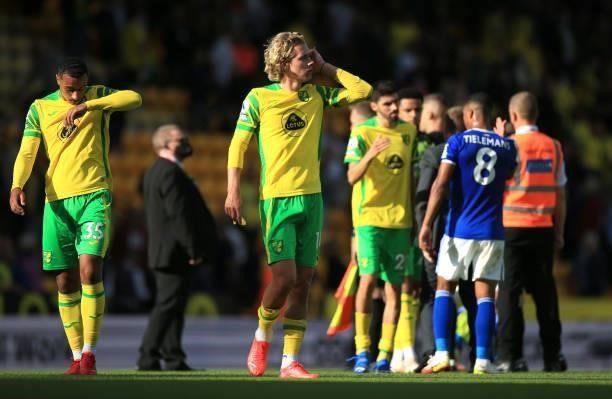 Todd Cantwell of Norwich City reacts following the Premier League match between Norwich City and Leicester City at Carrow Road on August 28, 2021 in...