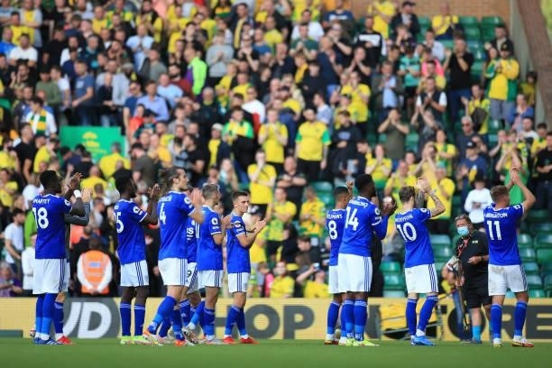Players of Leicester City acknowledge the fans following the Premier League match between Norwich City and Leicester City at Carrow Road on August...
