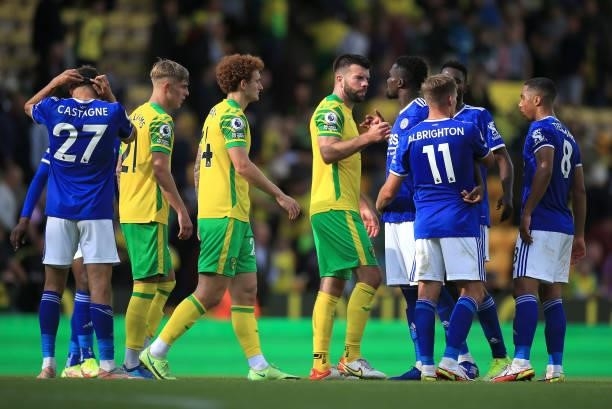 Players of Norwich City and Leicester City interact following the Premier League match between Norwich City and Leicester City at Carrow Road on...