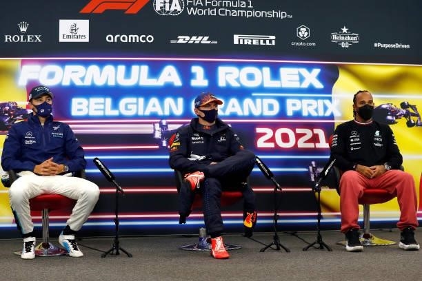 Pole position qualifier Max Verstappen of Netherlands and Red Bull Racing, second place qualifier George Russell of Great Britain and Williams and...