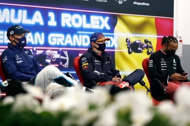 Pole position qualifier Max Verstappen of Netherlands and Red Bull Racing, second place qualifier George Russell of Great Britain and Williams and...