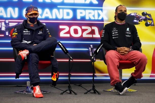 Pole position qualifier Max Verstappen of Netherlands and Red Bull Racing and third place qualifier Lewis Hamilton of Great Britain and Mercedes GP...