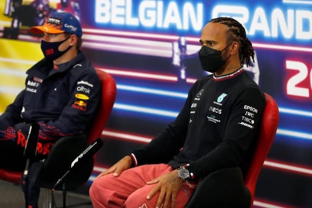 Third place qualifier Lewis Hamilton of Great Britain and Mercedes GP talks in the press conference after qualifying ahead of the F1 Grand Prix of...