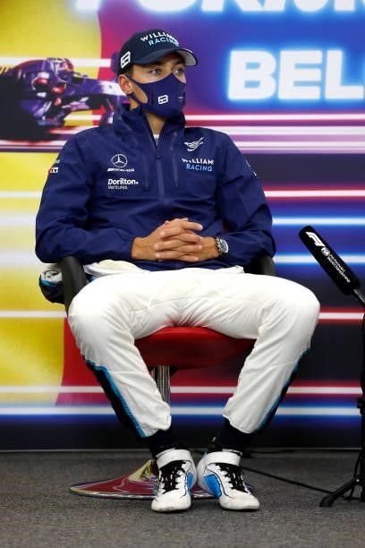 Second place qualifier George Russell of Great Britain and Williams talks in the press conference after qualifying ahead of the F1 Grand Prix of...
