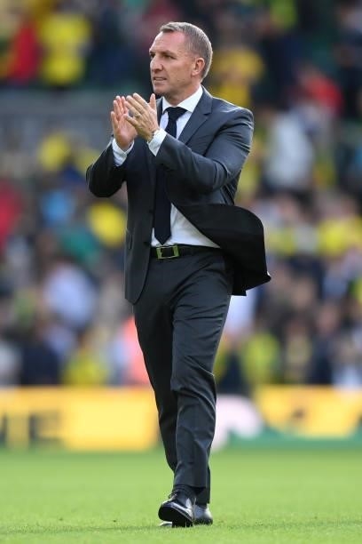Brendan Rogers, Manager of Leicester City claps the fans following the Premier League match between Norwich City and Leicester City at Carrow Road on...