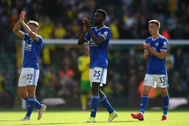 Wilfred Ndidi of Leicester City claps the fans after the Premier League match between Norwich City and Leicester City at Carrow Road on August 28,...