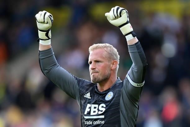 Kasper Schmeichel of Leicester City celebrates following the Premier League match between Norwich City and Leicester City at Carrow Road on August...