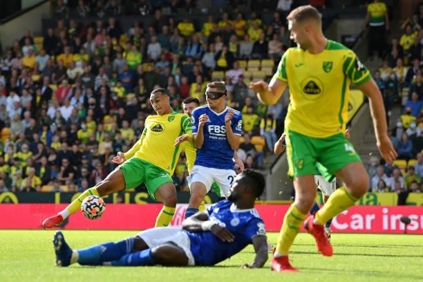 Adam Idah of Norwich City misses a chance during the Premier League match between Norwich City and Leicester City at Carrow Road on August 28, 2021...