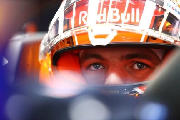 Max Verstappen of Netherlands and Red Bull Racing prepares to drive in the garage during qualifying ahead of the F1 Grand Prix of Belgium at Circuit...