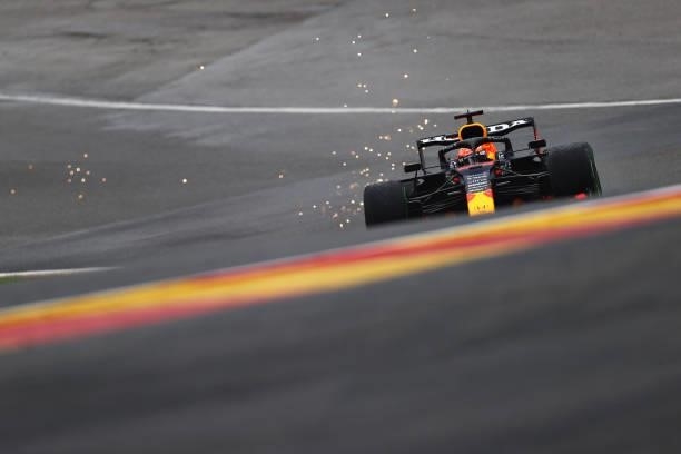 Max Verstappen of the Netherlands driving the Red Bull Racing RB16B Honda during final practice ahead of the F1 Grand Prix of Belgium at Circuit de...