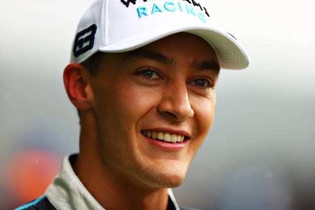 Second place qualifier George Russell of Great Britain and Williams celebrates in parc ferme during qualifying ahead of the F1 Grand Prix of Belgium...