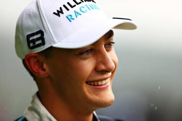 Second place qualifier George Russell of Great Britain and Williams celebrates in parc ferme during qualifying ahead of the F1 Grand Prix of Belgium...