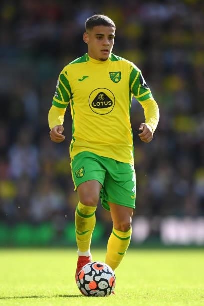 Max Aarons of Norwich City during the Premier League match between Norwich City and Leicester City at Carrow Road on August 28, 2021 in Norwich,...