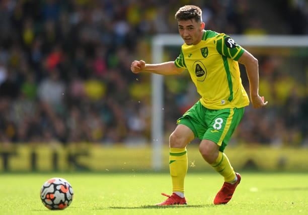 Billy Gilmour of Norwich City during the Premier League match between Norwich City and Leicester City at Carrow Road on August 28, 2021 in Norwich,...