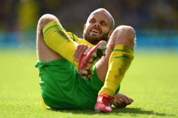 Teemu Pukki of Norwich City reacts during the Premier League match between Norwich City and Leicester City at Carrow Road on August 28, 2021 in...