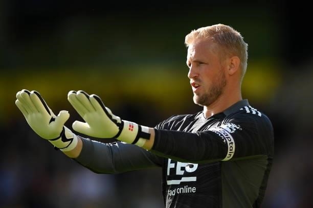 Kasper Schmeichel of Leicester City reacts during the Premier League match between Norwich City and Leicester City at Carrow Road on August 28, 2021...