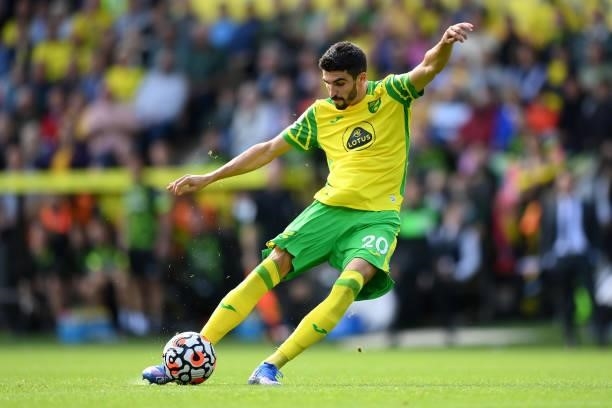 Pierre Lees-Mekou of Norwich City shoots during the Premier League match between Norwich City and Leicester City at Carrow Road on August 28, 2021 in...