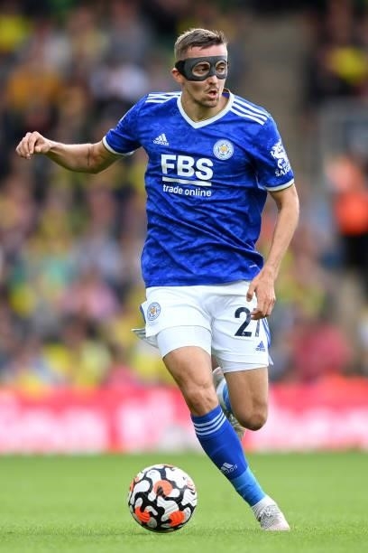 Timoty Castagne of Leicester City in action during the Premier League match between Norwich City and Leicester City at Carrow Road on August 28, 2021...