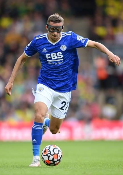 Timoty Castagne of Leicester City in action during the Premier League match between Norwich City and Leicester City at Carrow Road on August 28, 2021...