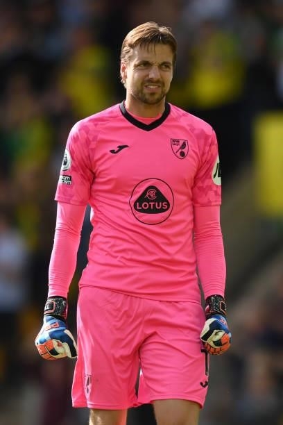 Tim Krul of Norwich City reacts during the Premier League match between Norwich City and Leicester City at Carrow Road on August 28, 2021 in Norwich,...