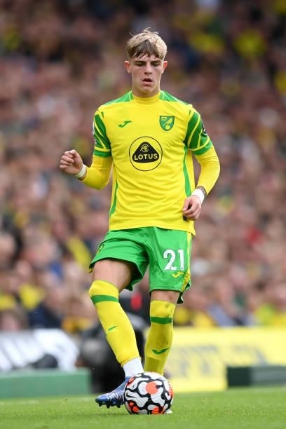 Brandon Williams of Norwich City during the Premier League match between Norwich City and Leicester City at Carrow Road on August 28, 2021 in...