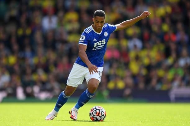 Youri Tielemans of Leicester City during the Premier League match between Norwich City and Leicester City at Carrow Road on August 28, 2021 in...