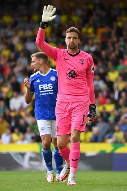 Tim Krul of Norwich City reacts during the Premier League match between Norwich City and Leicester City at Carrow Road on August 28, 2021 in Norwich,...