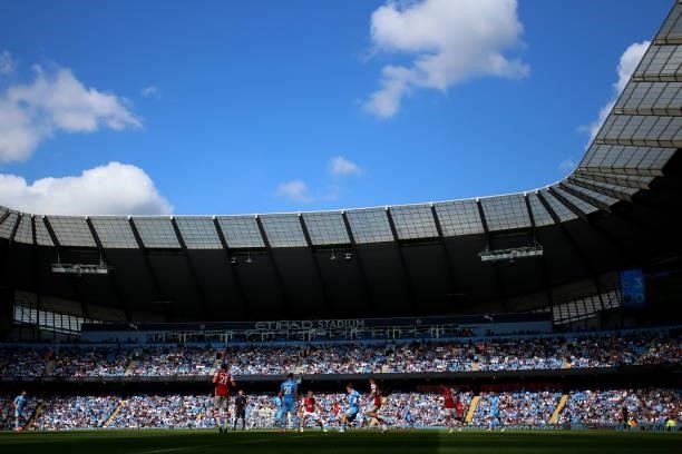 General view of the match during the Premier League match between Manchester City and Arsenal at Etihad Stadium on August 28, 2021 in Manchester,...