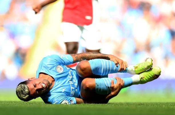 Joao Cancelo of Manchester City reacts during the Premier League match between Manchester City and Arsenal at Etihad Stadium on August 28, 2021 in...