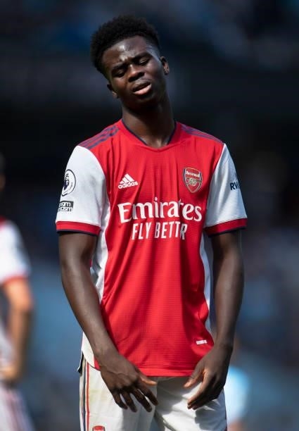 Dejected Bukayo Saka of Arsenal during the Premier League match between Manchester City and Arsenal at Etihad Stadium on August 28, 2021 in...