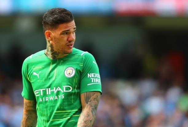 Ederson Moraes of Manchester City during the Premier League match between Manchester City and Arsenal at Etihad Stadium on August 28, 2021 in...